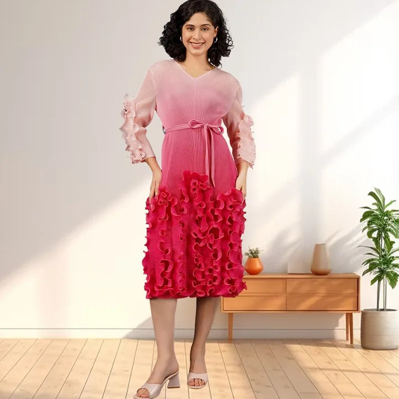 

Miyake Pleated Women's Dresses Gradient Pink Long Sleeve African Plus Size Prom Fashion Long Stretchy with Belt Wrinkle-Free