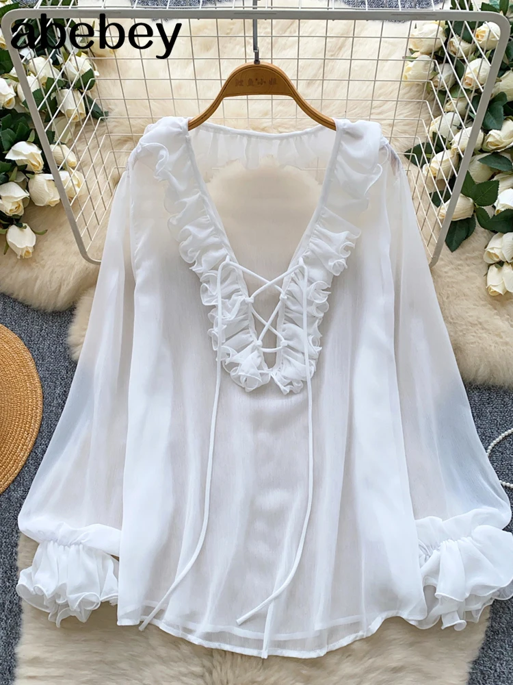 

2025 2026Ruffle Blouses for Women Semi Sheer Casual Blouse Woman Pleated Summer Shirts and Blouses Women Long Sleeve Women Top