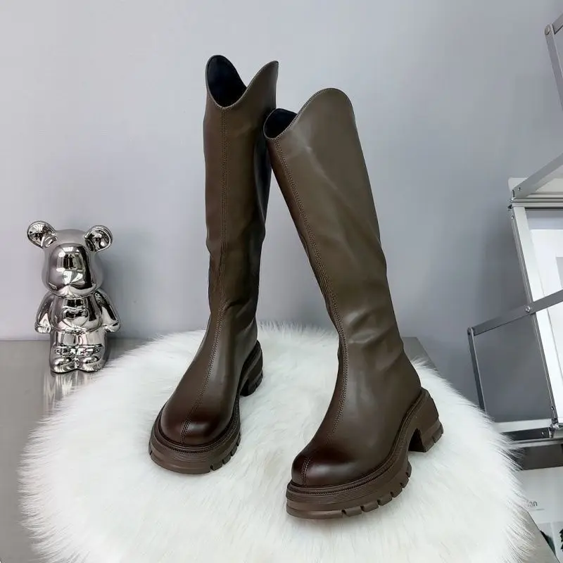 Long boots 2025 thick soled high rise knight boots with horseshoe heels and high top motorcycle boots
