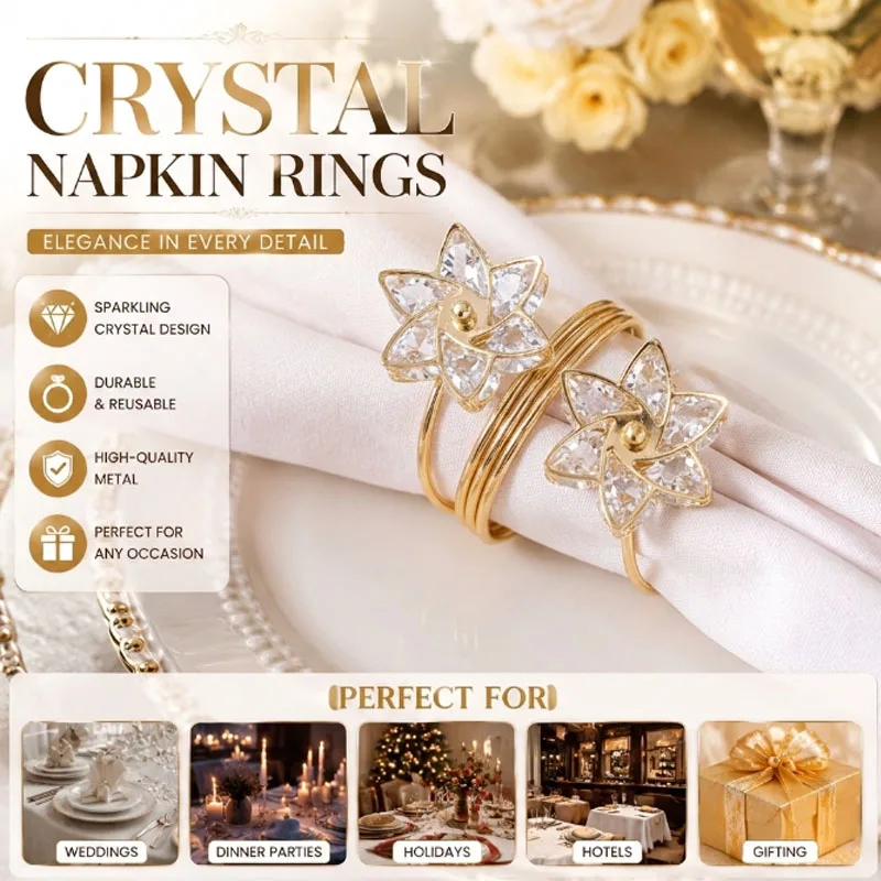 Premium Crystal Five-Petal Napkin Ring Holder, Suitable for Wedding Ceremonies, Hotel Dining Rooms, and Romantic Evenings.