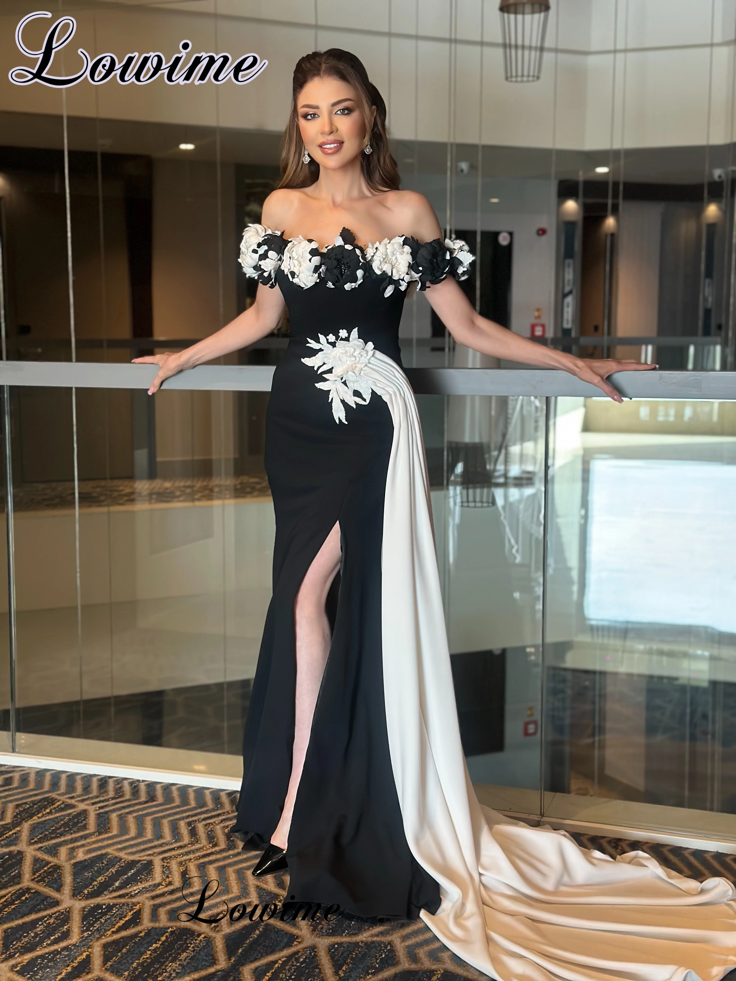2026 Newest Black And White Prom Dresses With Flowers Arabic Off Shoulder Evening Party Dresses Elegant Robe Femme Customized TJ