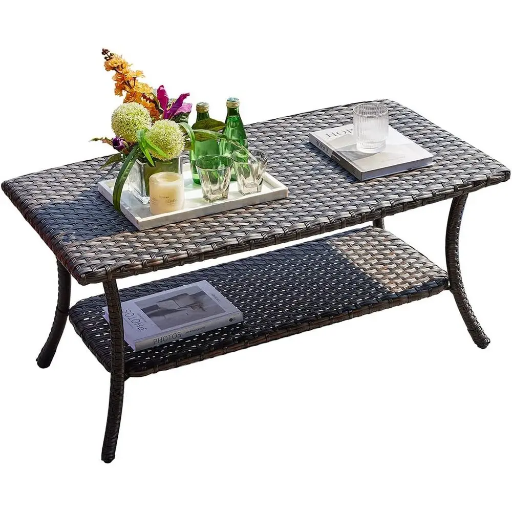 

Two-Tier Rattan Outdoor Coffee Table with Storage for Patio, Garden, Porch, and Backyard
