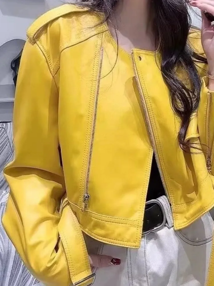 Kantoor dames effen kleur ronde hals lederen jas losse lange mouwen schapenvacht rits sjerpen topkwaliteit bovenkleding