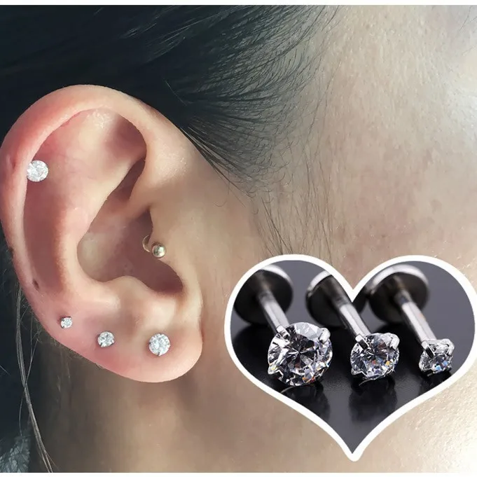 1PC 316L Steel Labret Lip Ring, CZ Internally Threaded Long Bar Piercing, Hypoallergenic Body Jewelry for Lip Ear