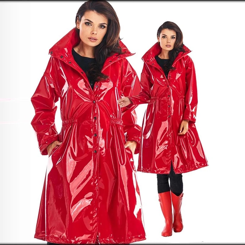 Women Safari Style Patent Leather Trench Casual Long Sleeve Turn-down Collar Long Coats Faux Leather Jackets Outerwear Winter