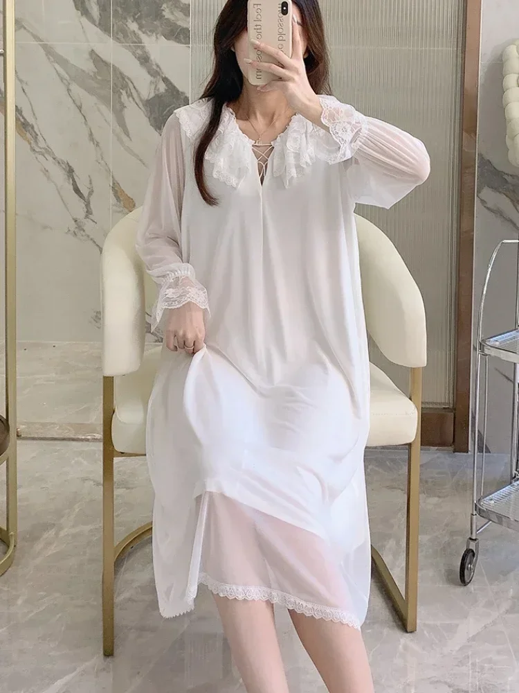 Nightgowns Women 4 Colors Mesh Sleepwear Tender Breathable Princess Casual Daily French Style Gentle Aesthetic Flare Sleeve Chic