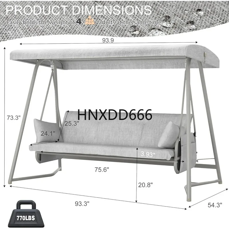 

3-4 Seat Outdoor Swing with Adjustable Canopy - Large Patio Swing Bed Glider Bench for 770 lbs Capacity