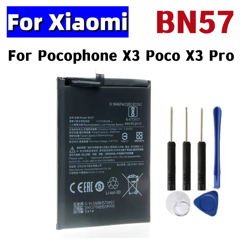 

BN57 5160mAh Phone Battery For Xiaomi Pocophone X3 Poco X3 Pro 5060mAh Replacement Bateria + Free Tools