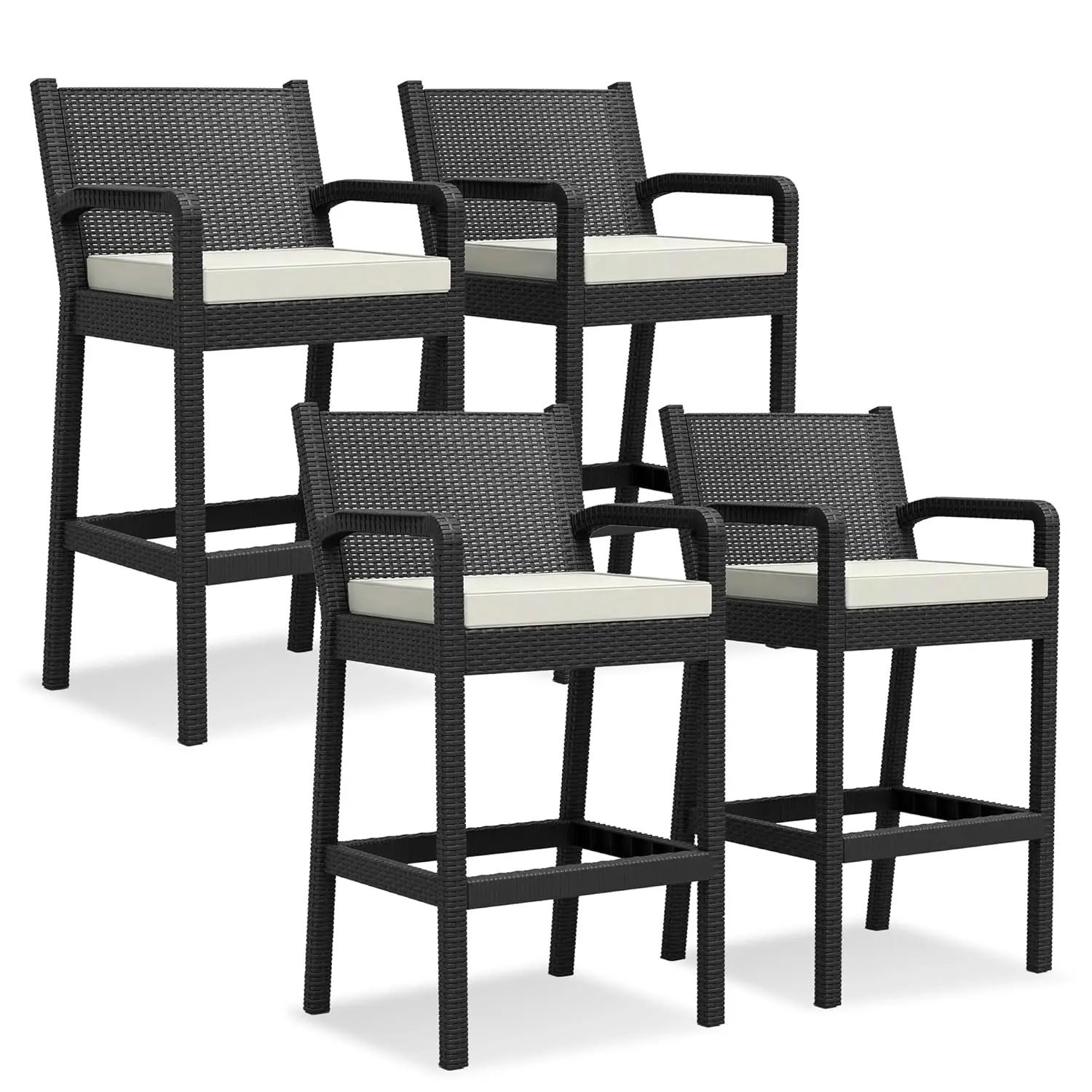 

30" Outdoor Bar Stool Set Wicker Cushioned Chairs for Patio Garden Pool Balcony Deck Beige 4pcs Custom