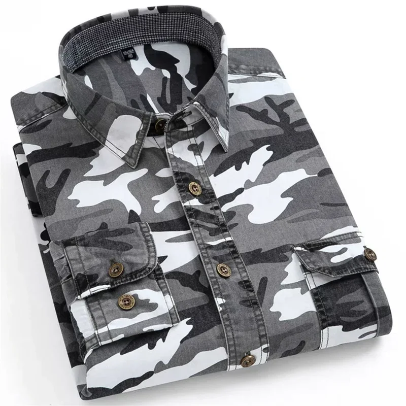 Camisas camufladas para homens, roupa de trabalho casual, 100% algodão, camisa de manga comprida, solta, operações de campo ao ar livre, tops primavera e outono