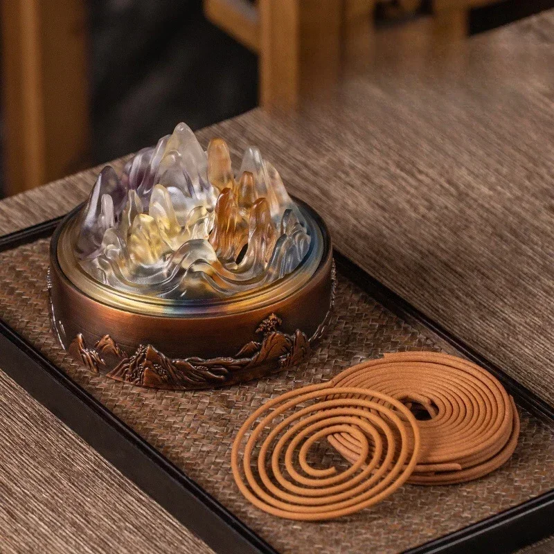 

Chinese Vintage Incense Burner Glazed Cover Copper Disc Incense Burner Playing Incense Seal Script Household Indoor Ornaments