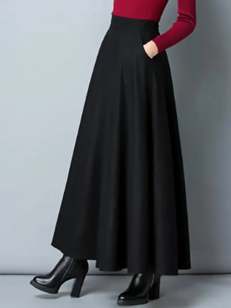 Autumn Winter Black Gray Large Size Woolen Long Skirt Women Fashion Korean Ladies Red High Waist Festival Pleated A-line Skirts