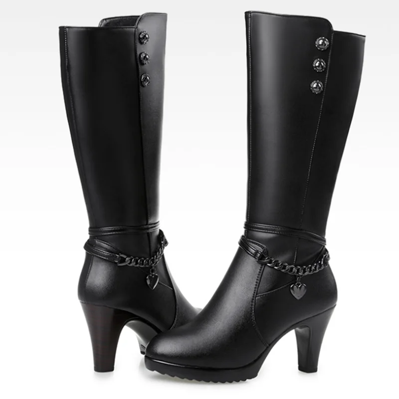 AIYUQI, zapatos de invierno para mujer, botas de mujer de tacón alto, botas de moto de cuero genuino, botas de invierno cálidas de lana gruesa,