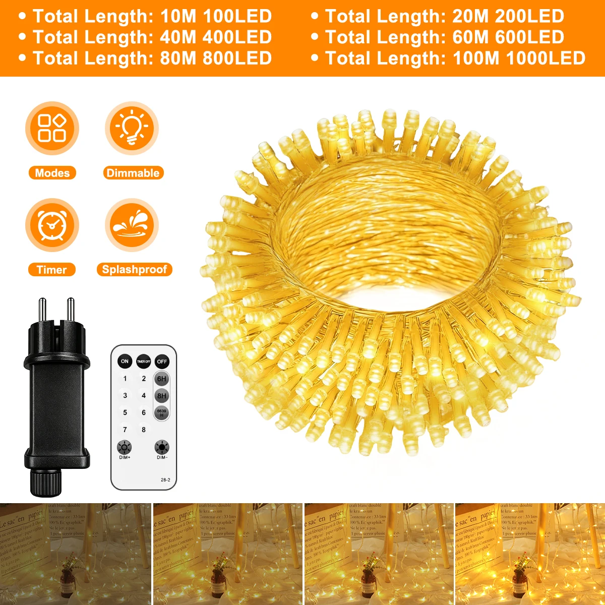 Aiopp LED-Warmlichterkette mit Fernbedienung, IP44 wasserdicht, 8 Beleuchtungsmodi, Timer, dimmbar, Outdoor-Lichterkette für Hochzeit, Weihnachten, Terrasse, Gartendekoration
