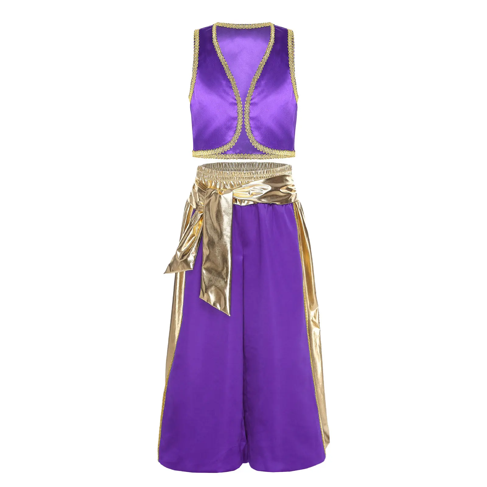 Kids Boys 2Pcs Arabian Prince Cosplay Costumes Golden Braided Trimmings Vest Metallic Pants Bloomers Boy's Arab Prince Outfits