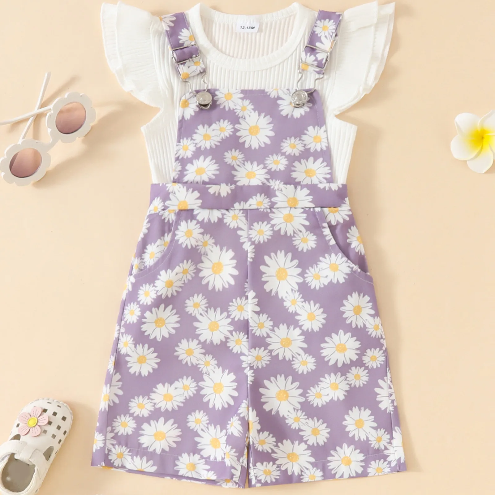 

Lovely Baby Kids Girls Summer Clothes Sets 0-5Y Ruffles Fly Sleeve Ribbed T Shirts Sunflowers Suspender Shorts Two Pieces Sets