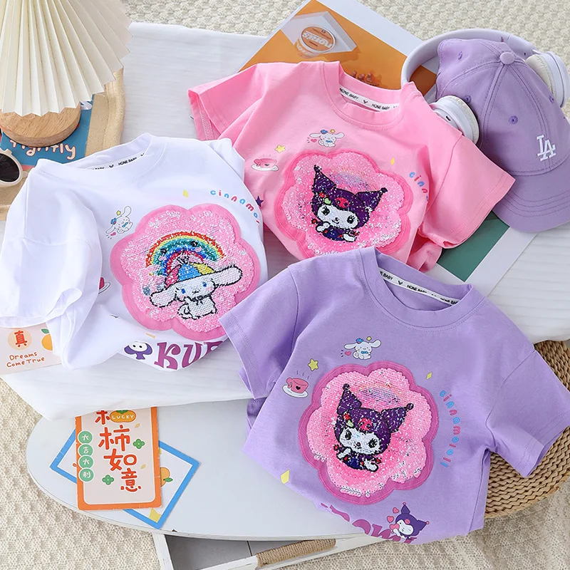 

2025 summer new Sanrio Girl Short Sleeve T-Shirt Kuromi Fashion sequins Girls' Cotton T-shirt Cartoon Pattern Top
