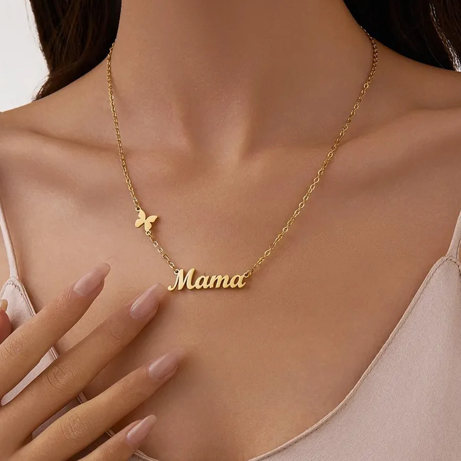 Lemegeton Fashion Custom Name Butterfly Necklace For Women Personalized Letter Choker Necklace Stainless Steel Jewelry for Mama