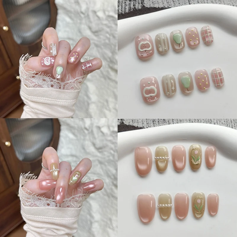 10pcs Handmade Press on Nails Energetic Girl Tulip and Pearl Full Coverage Nail for Women&Girl Removable Wearable False Nail