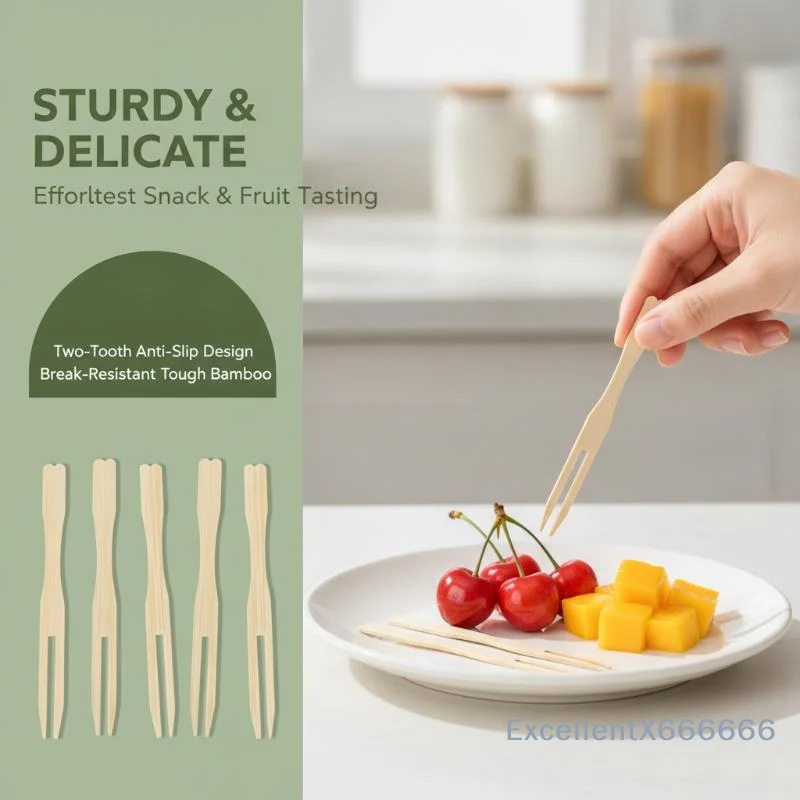 100Pcs Disposable Bamboo Fruit Forks Two Prong Wooden Picks for Afternoon Tea Dessert Snack Home Party Use