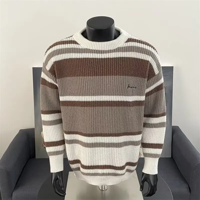 

Classic Men's Warm Sweater Fashion Striped Round Neck Sweater Harajuku High Street Top Home Casual Men's Clothing 2025 New