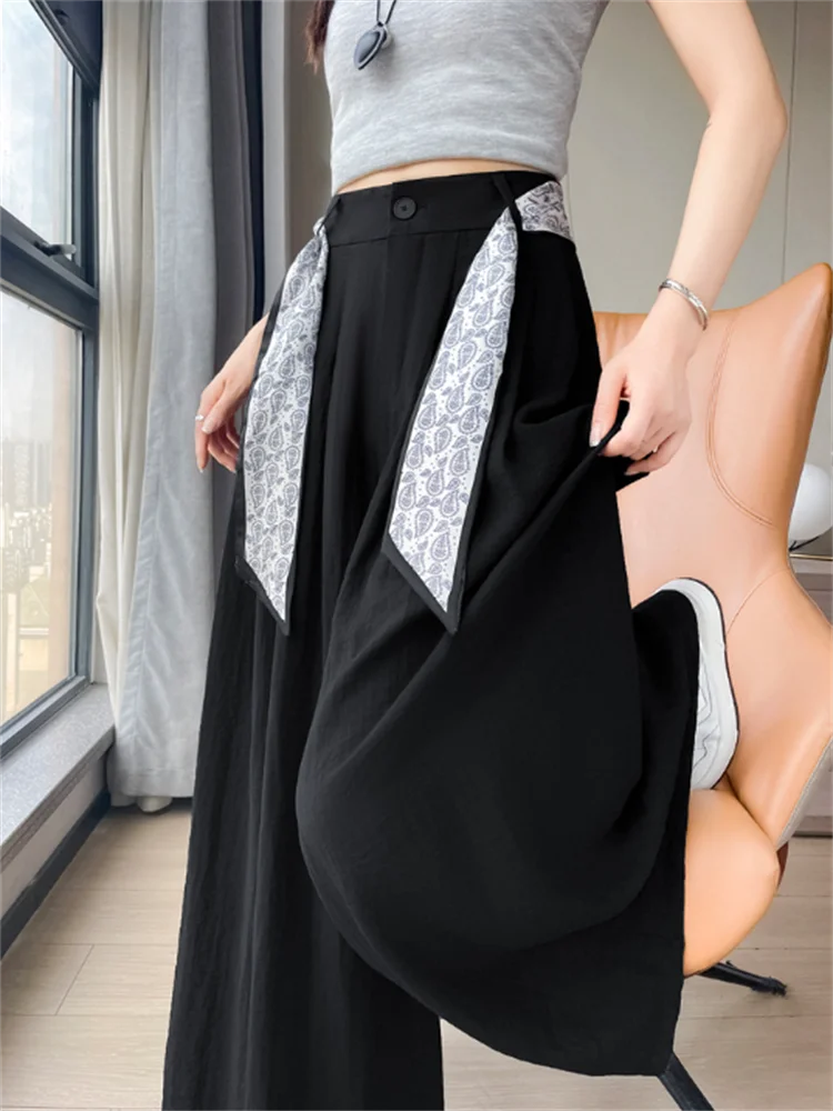 Elegant Wide Leg Trouser Women Pants Srring Summer High Waist Loose Fit Straight Pants Printing Lace-up Long Women Pants