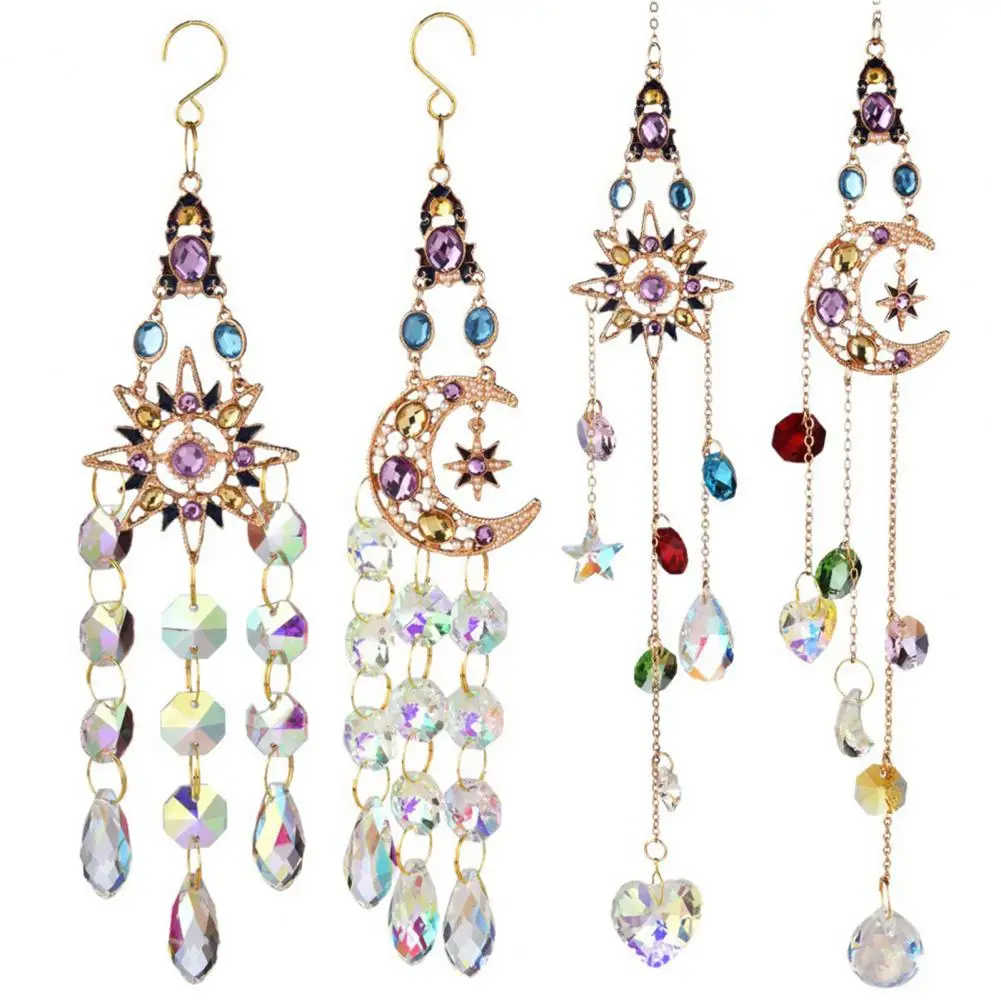 Metal Wind Chime Decorative Wind Chime Silver Wind Chime Suncatcher Star Moon Heart Prism Hanging Ornament Rainbow for Window