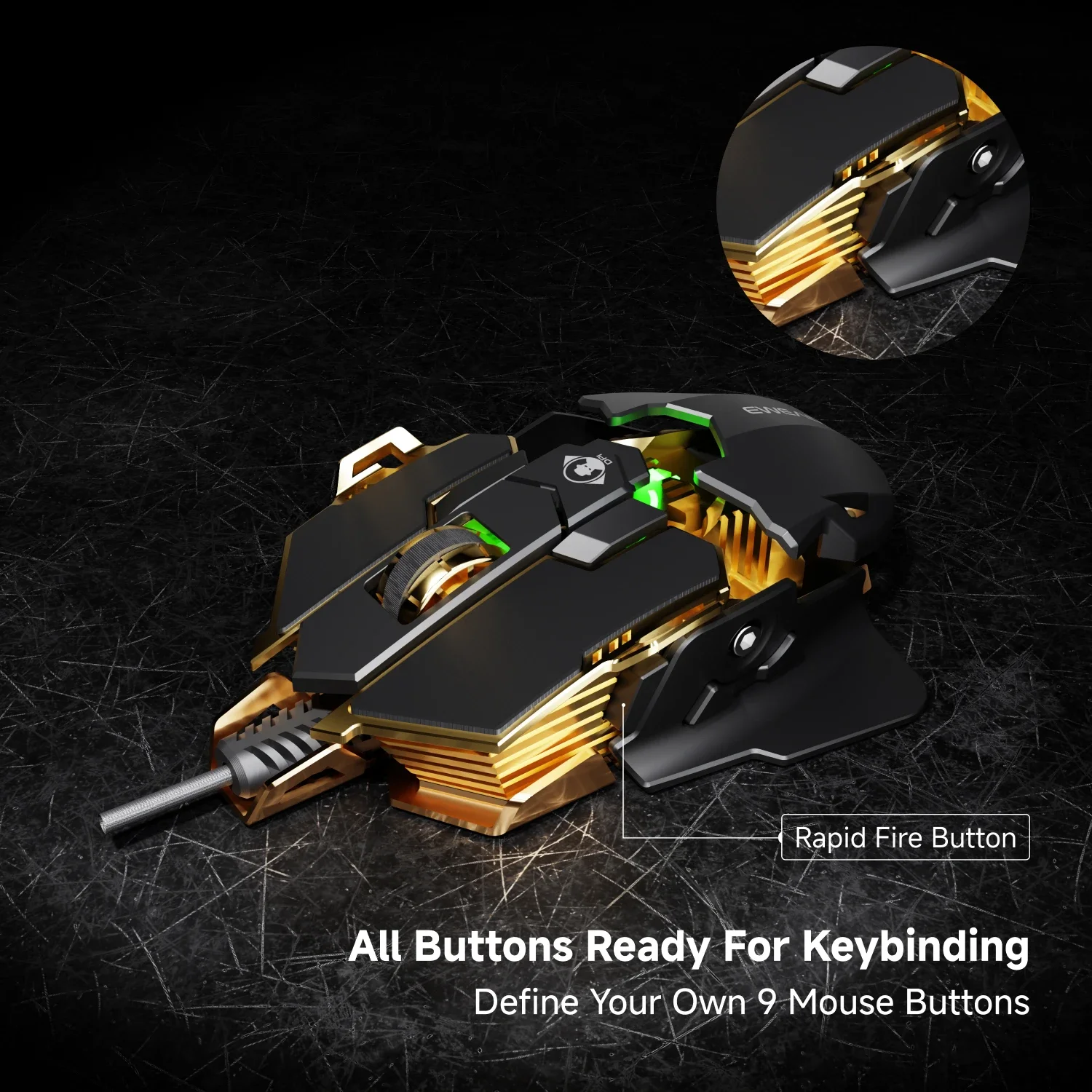 EWEADN Ergonomic USB Wired Gaming Mouse, Silent or Audible Click, 8 Buttons with Macro, Metal Mechanical Design, Adjustable Tail