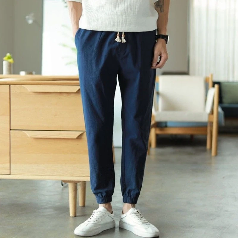 

Summer Slim Fit Linen Casual Pants Man Fashion 2025 Original Clothing New in Vintage Y2k Korean Style Cropped Trousers for Men