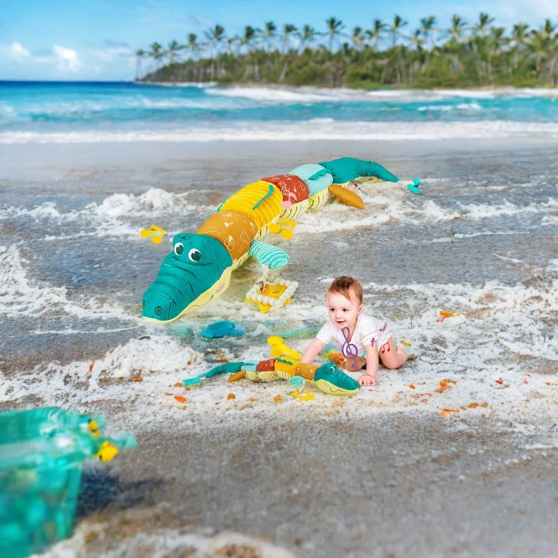 เด็กทารกดนตรีตุ๊กตาสัตว์จระเข้กิจกรรมของเล่น Multi-Sensory Crinkle Rattle และพื้นผิวน่ารัก Tummy Time ของเล่น