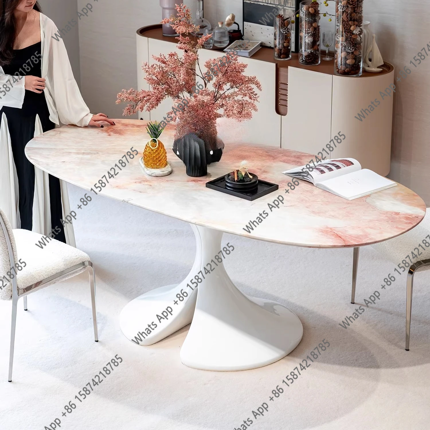 Natural Four Seasons Pink Luxury Stone Dining Table French Cream Style Restaurant Premium Marble Table