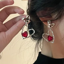Korean Trendy Red Crystal Stone Love Dangle Stud Earrings For Women Simple Vintage Gothic Pearl Heart Pendant Earrings Jewelry