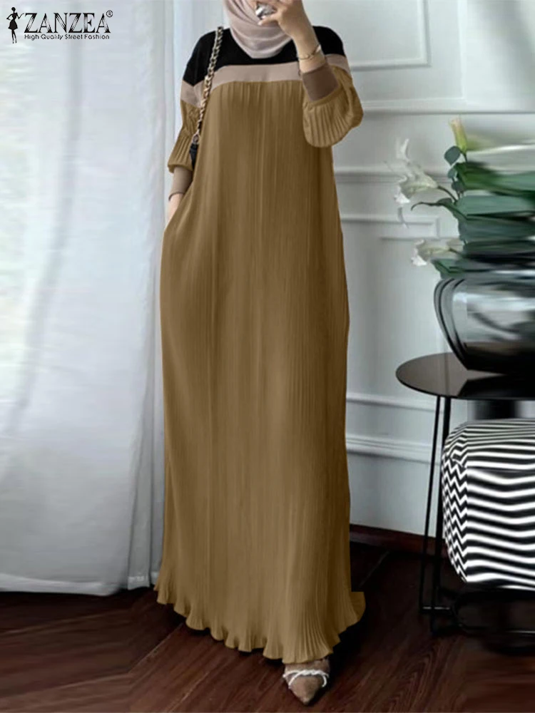 Fashion Autumn Long Sleeve Pleated Sundress 2024 ZANZEA Muslim Abaya Robe Femmme Women Patchwork Maxi Dresses Casual Vestidos