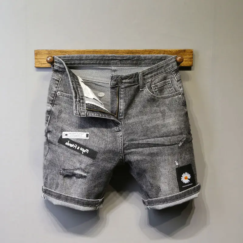 Half Long Knee Length Man Denim Shorts Straight Short Jeans Pants for Men Ripped Sale Distressed Luxury Stretchable Wih Zipper