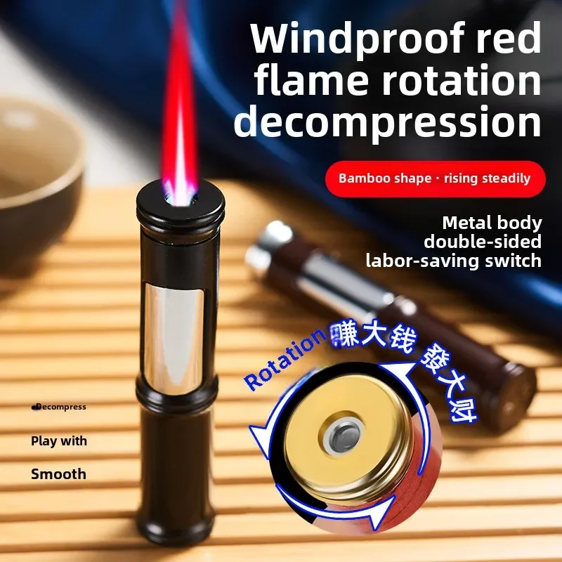 Decompression Round Bamboo Metal Windproof Red Flame Lighter Creative Gift Cigarette Lighter Smoking Accessories