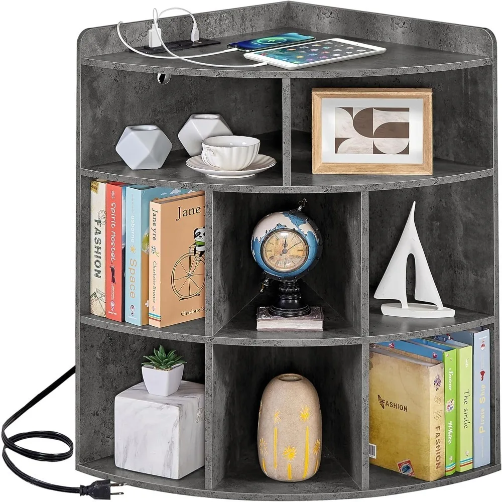 

Corner cabinet with charging station with USB port, triangular bookshelf with 8 cubes, suitable for playroom, bedroom