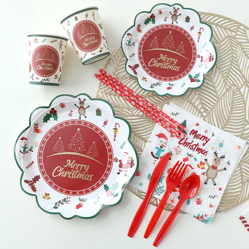 

Christmas Themed Party Lace Disposable Tableware Set Paper Plates Paper Cups Tissues Tablecloth Dining Plates Christmas Cutlery