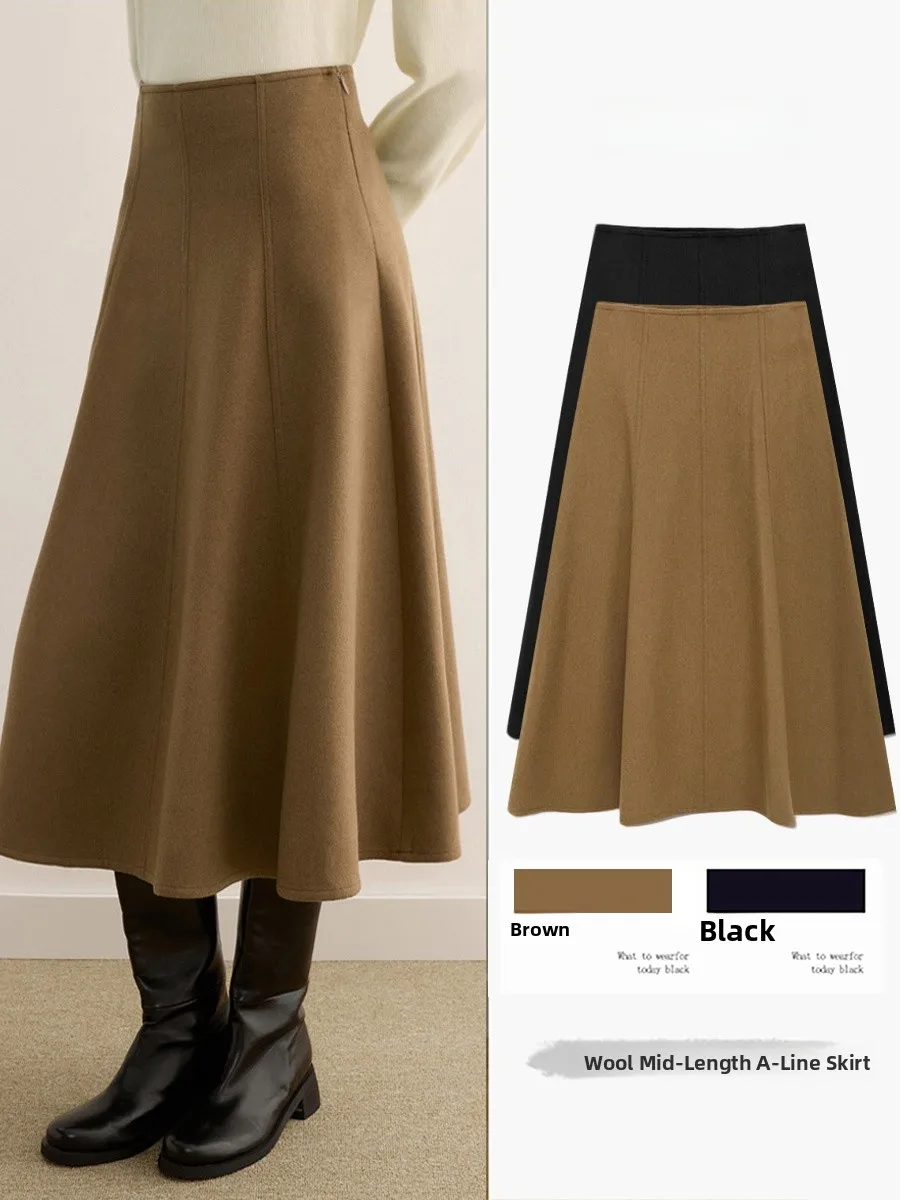

Brown Woolen A-Line Midi Skirt Women's Autumn Winter New High Waist Fulln Umbrella Skirt Slimming Small Size Ci Commute ...