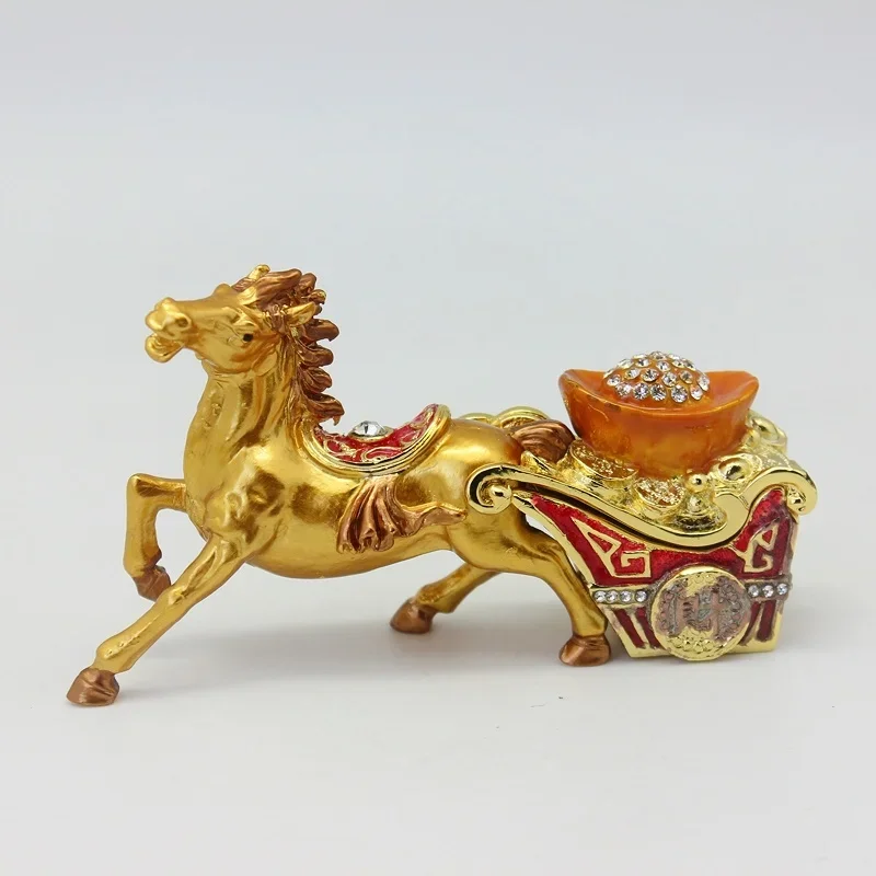 

SHINNYGIFTS New Year Gifts Home Decorative Metal Enamel Trinket Boxes Pewter Horse FengShui Metal Craft