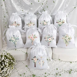 5pcs Cross white bags boy girl 1st First Holy Communion Baptism Christening Religious baby shower wedding Easter decoration gift