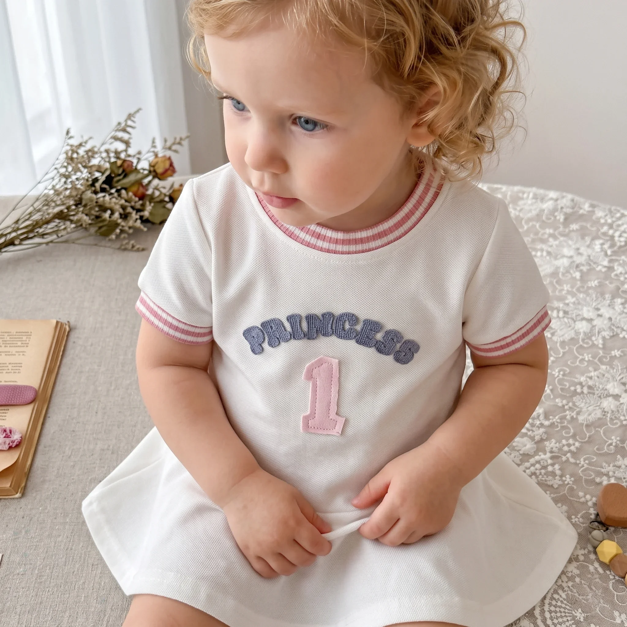 Summer Baby Dress Knitted Cotton Girls Short Sleeve Dress Sweet Princess Wind Letter Embroidery Dress 0-3 Year Old