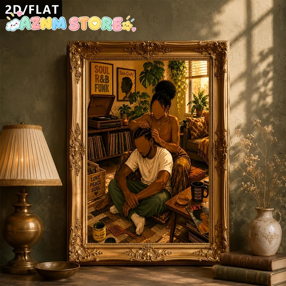 2027 1pc 2D/Flat 1pc Warm-toned Couple Home-themed Decorative Illustrations, Retro Soul Music-inspired Canvas Posters And Wal