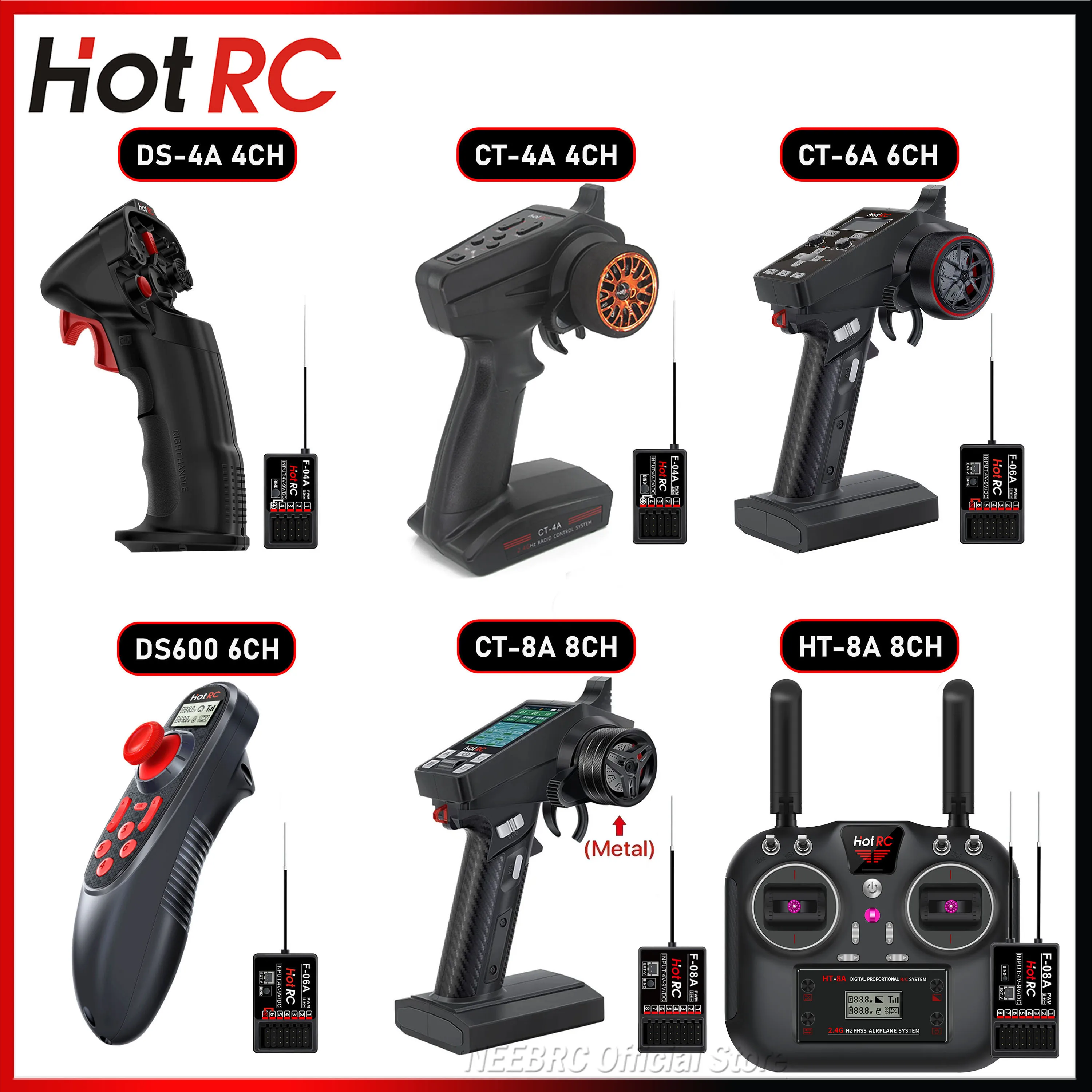 HOTRC 4/6/8CH DS-4A CT-4A CT-6A DS-600 CT-8A HT-8A 2.4G Transmitter Radio Systems w/ Receiver for RC Car Boat Aircraft Vehicles