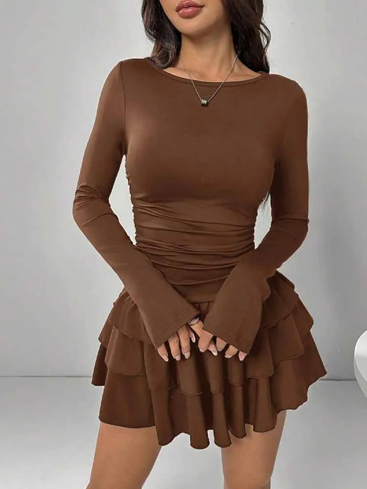 Mcdv elegante em camadas babados mini vestido feminino outono manga longa cintura alta o pescoço vestidos finos nova 2025 moda casual vestidos