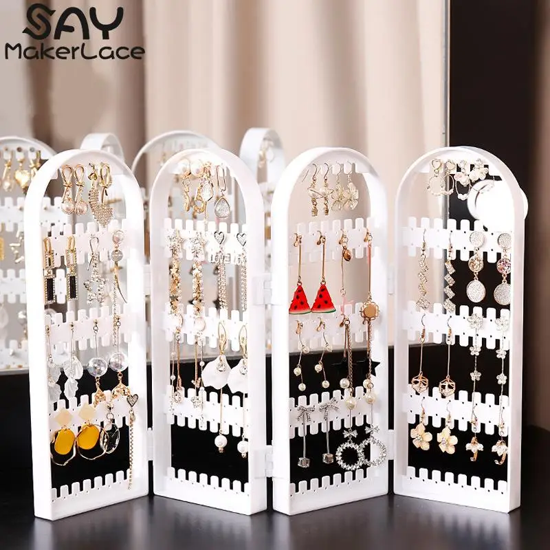 Necklace Jewelry Shelf Stand Holder Folding Earrings Studs Display Rack Panels Screen Organizer Storage Box