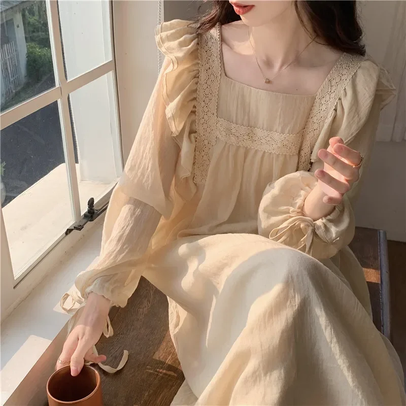 Lace Groups of Pant Sleepwear Womens Ruffles Night Dress One Piece Pajamas Long Sleeve The Nightgown New in Women\'s Sleepwear