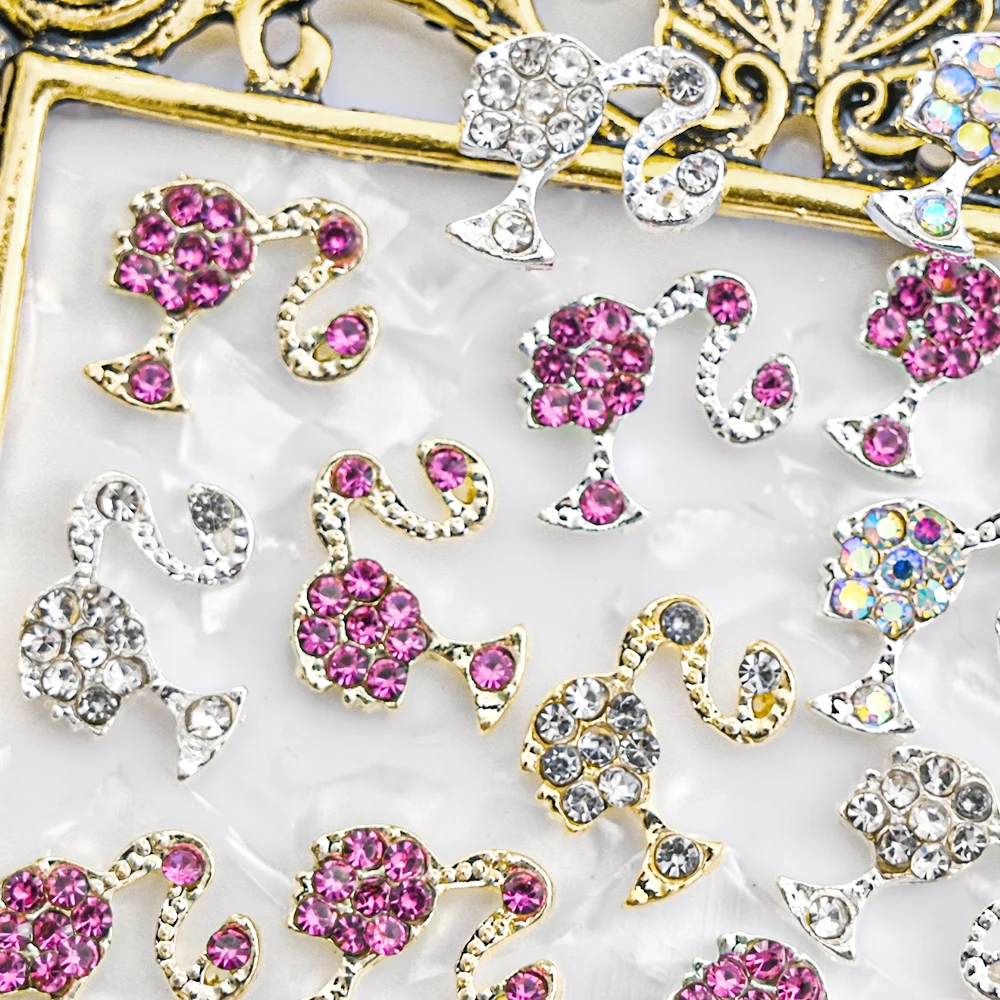 10Pcs 3D Pink/Red Glitter Diamond Ponytail Girl Nail Charms 9x11cm Gold/Silver Alloy Girl Nail Art DIY Kawaii Girl Nail Jewelry