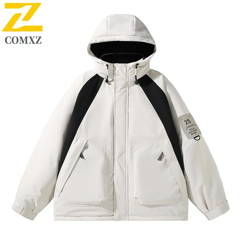 

COMXZ 2025 High Quality Broken Card Fabric Color Block Hooded Cotton Jacket Men Level 4 Waterproof Parka Winter Coat
