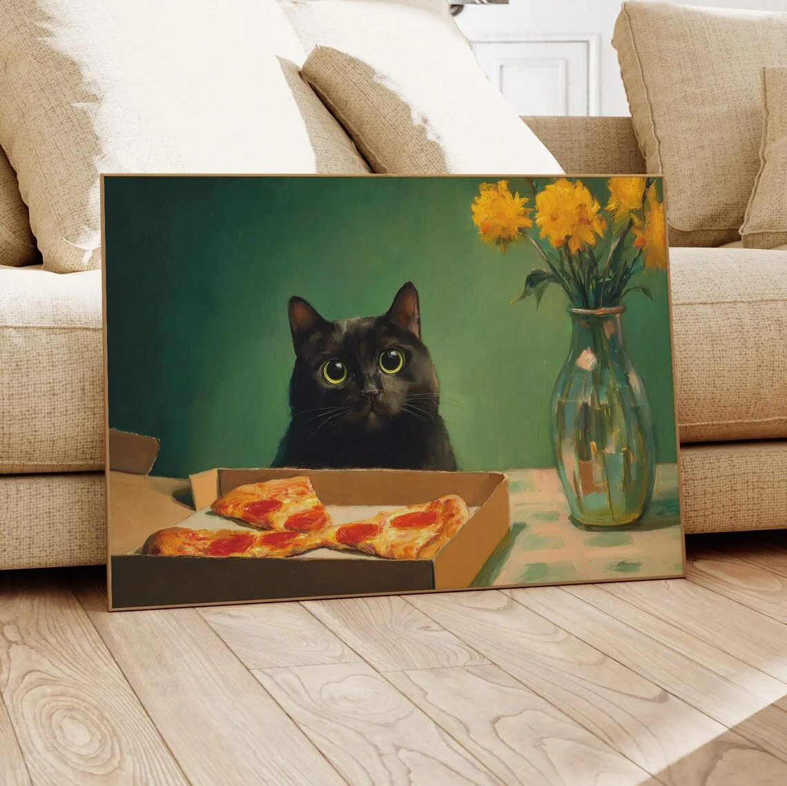 Cozy Cat & Pepperoni Pizza Still Life Wall Art - Timeless Print Celebrating Simple Pleasures. The deep green backdrop and golden