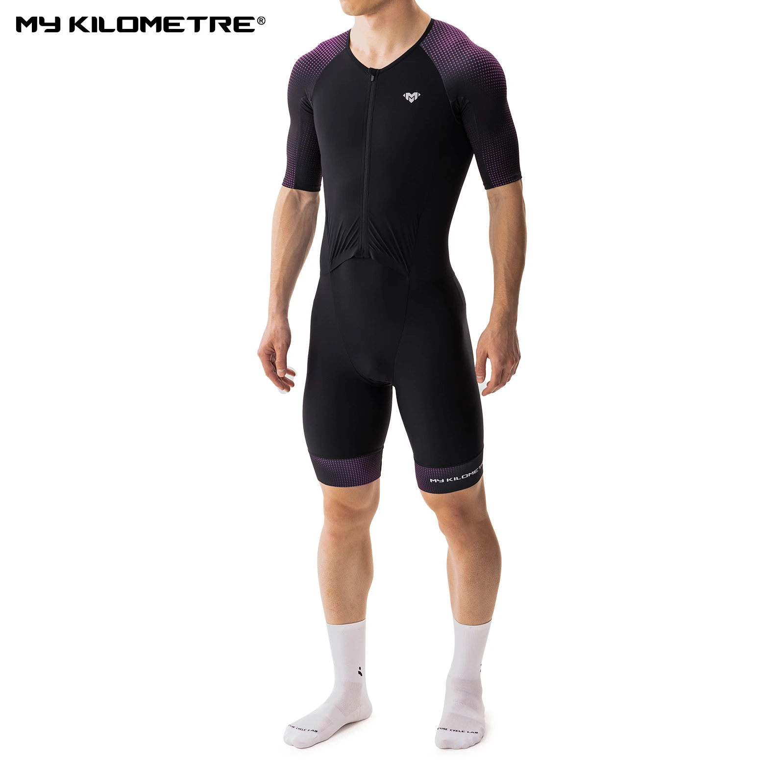Triathlon Suits Man Quick-Dry Lightweight Short Sleeved  Black Purple One-Piece for Cycling Run Swim TriSuit MY KILOMETRE
